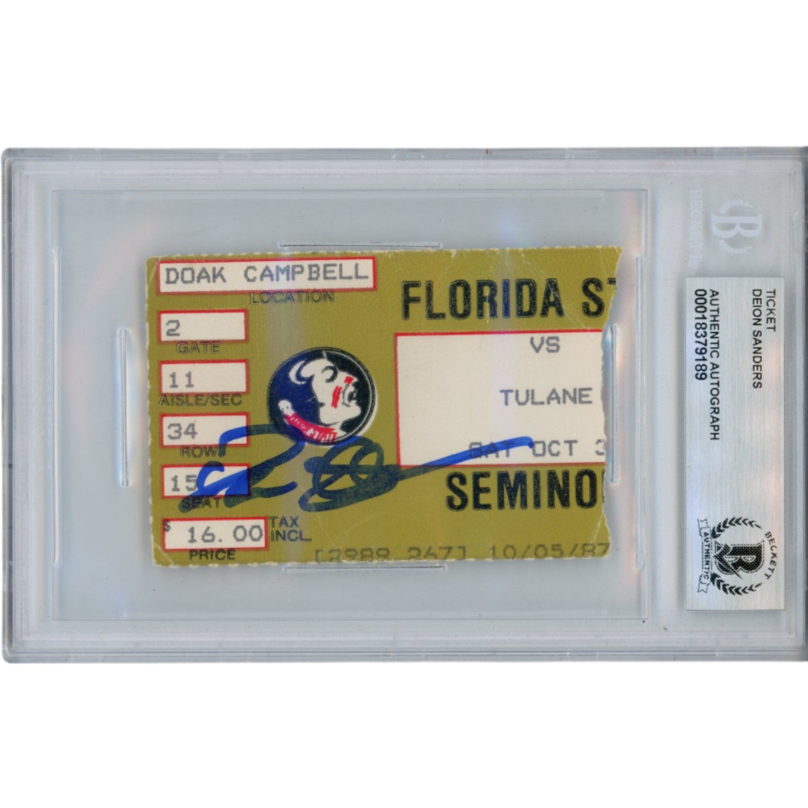 Deion Sanders Florida State Seminoles Signed Card - 1987 Ticket Beckett Beckett-Powers Sports Memorabilia