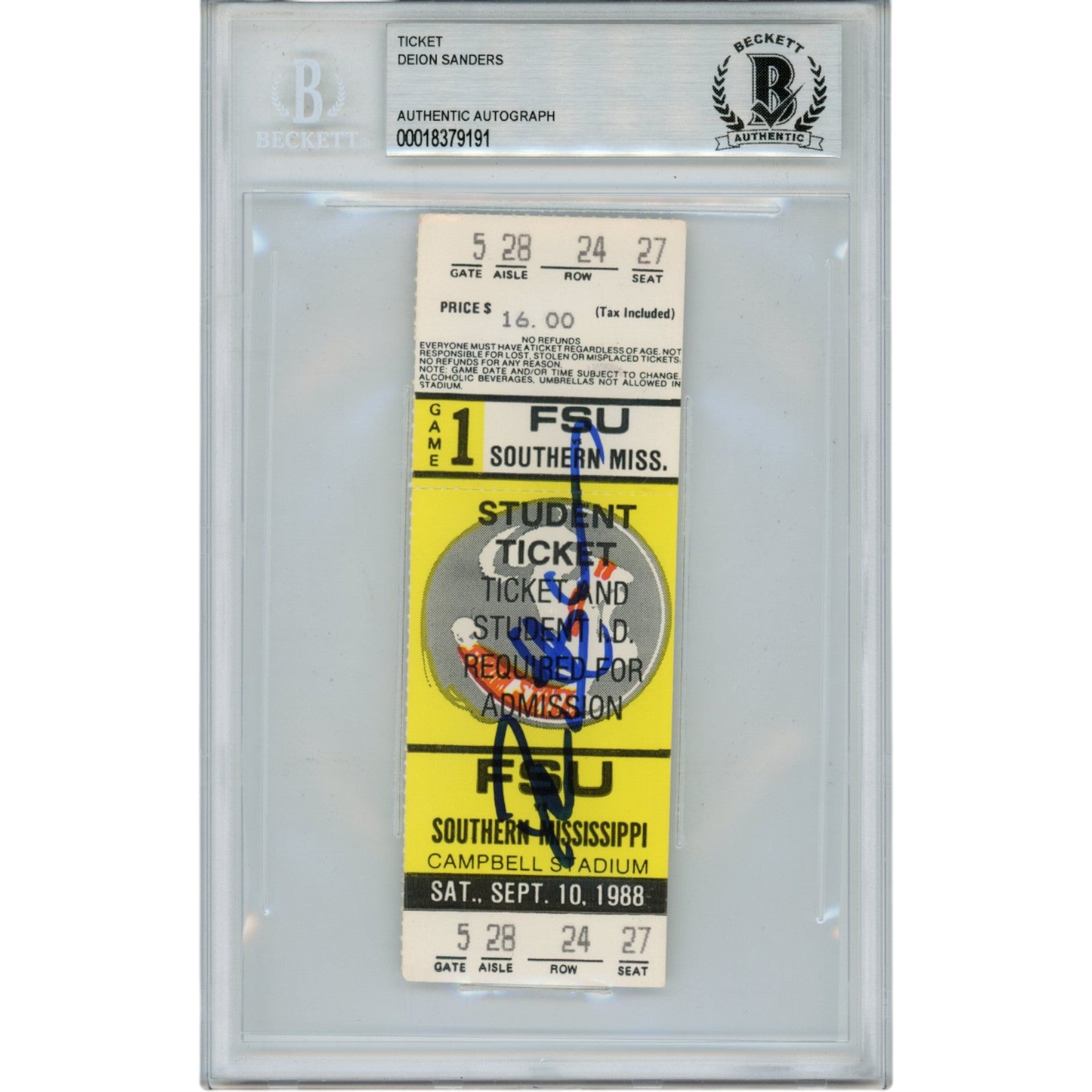 Deion Sanders Florida State Seminoles Signed Card - 1988 Ticket Beckett Beckett-Powers Sports Memorabilia