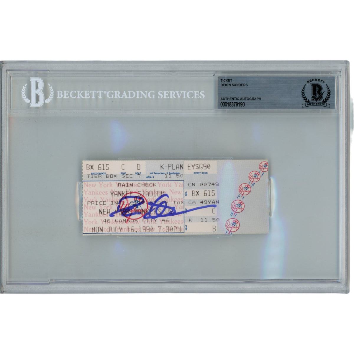 Deion Sanders New York Yankees Signed Card - 1990 Ticket Stub Slab Beckett Beckett-Powers Sports Memorabilia