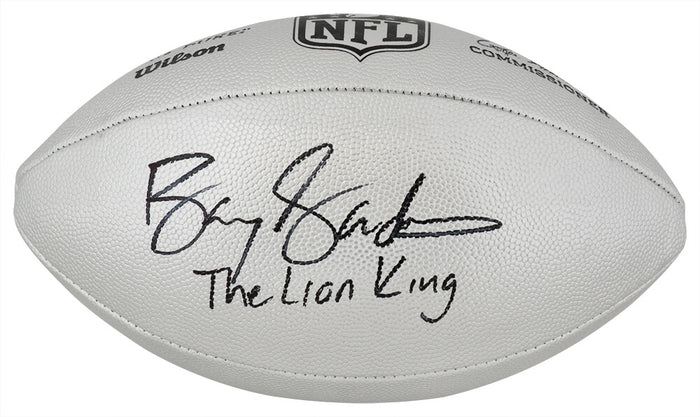Barry Sanders Autographed Wilson Duke Silver Metallic NFL Full Size Replica Football with The Lion King-Powers Sports Memorabilia