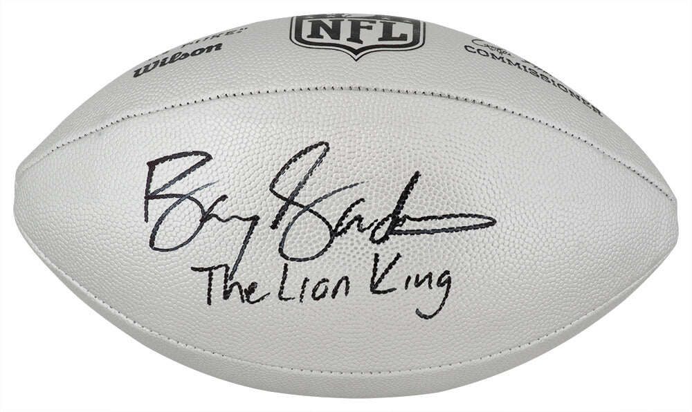 Barry Sanders Autographed Wilson Duke Silver Metallic NFL Full Size Replica Football with The Lion King-Powers Sports Memorabilia