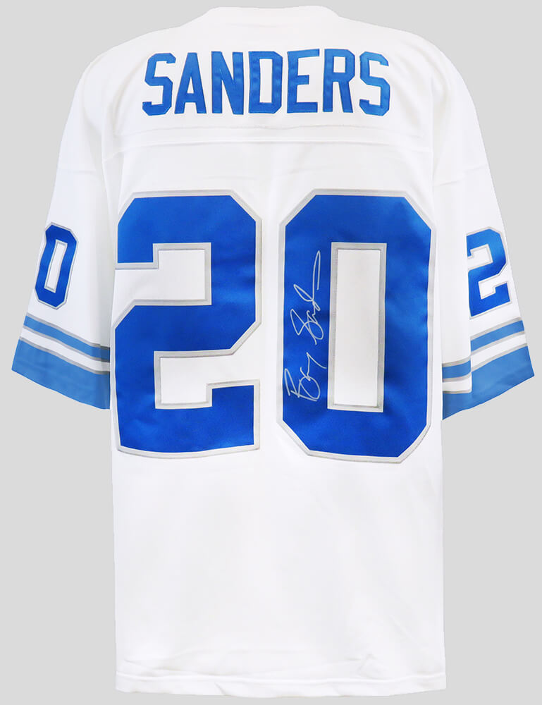 Barry Sanders Autographed Detroit Lions White 1996 Throwback M&N NFL Legacy Football Jersey-Powers Sports Memorabilia