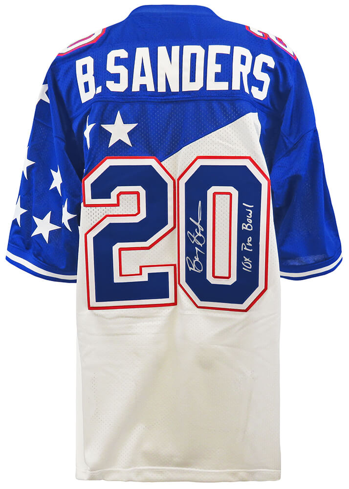 Barry Sanders Autographed 1995 Pro Bowl White M&N Authentic Football Jersey with 10x Pro Bowl-Powers Sports Memorabilia