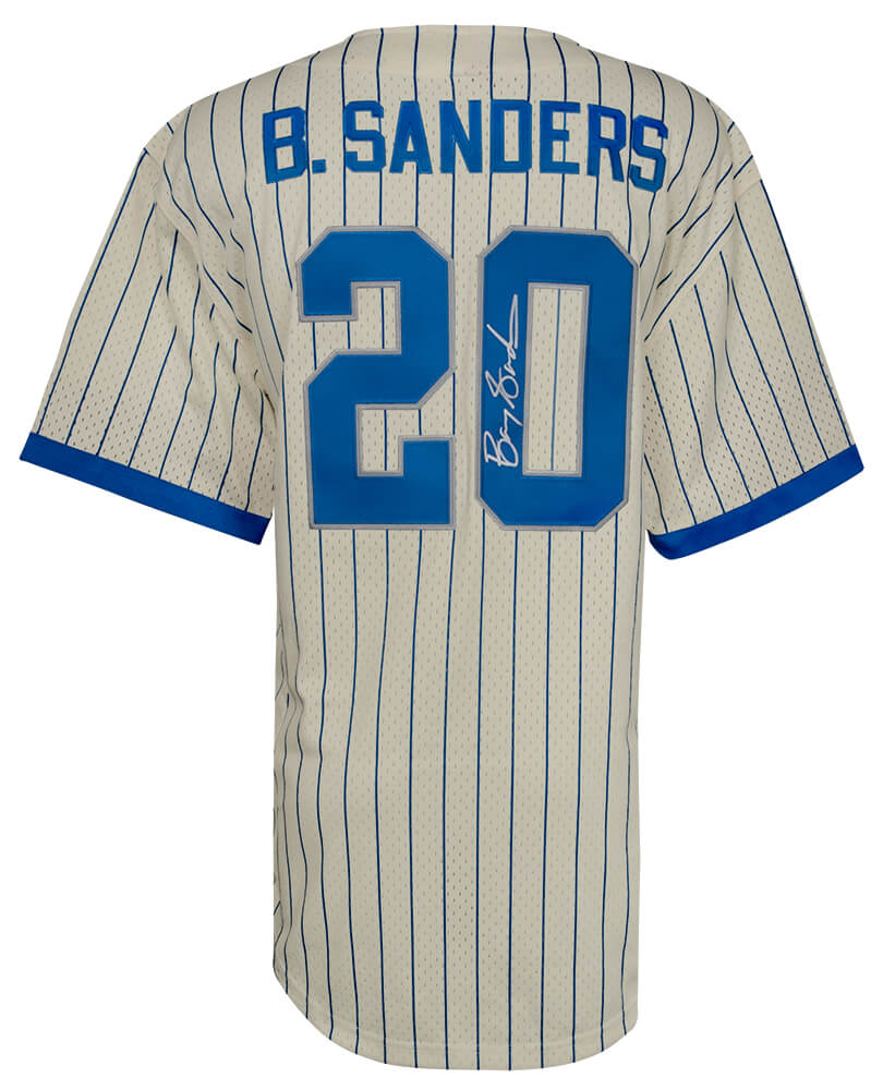 Barry Sanders Autographed Detroit Lions Cream M&N Baseball Jersey-Powers Sports Memorabilia
