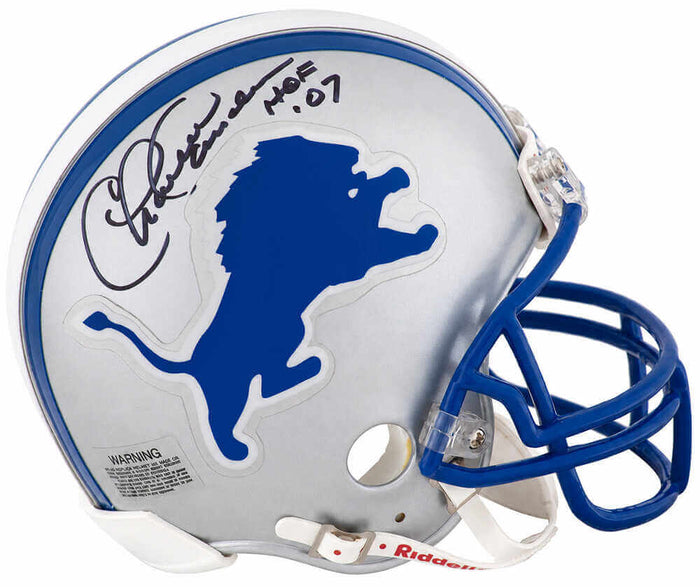 Charlie Sanders Autographed Detroit Lions Throwback Riddell (VSR4) Mini Helmet with HOF'07-Powers Sports Memorabilia