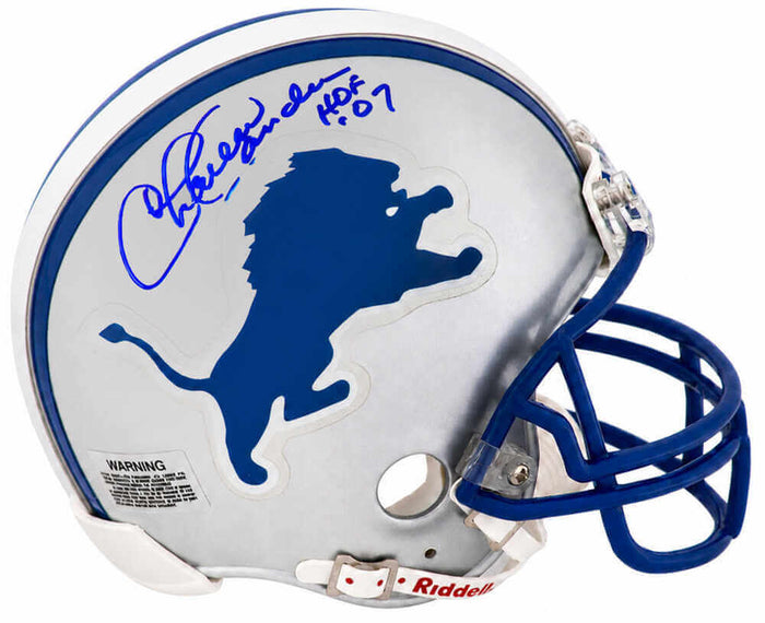 Charlie Sanders Autographed Detroit Lions Throwback Riddell (VSR4) Mini Helmet with HOF'07 - (In Blue)-Powers Sports Memorabilia