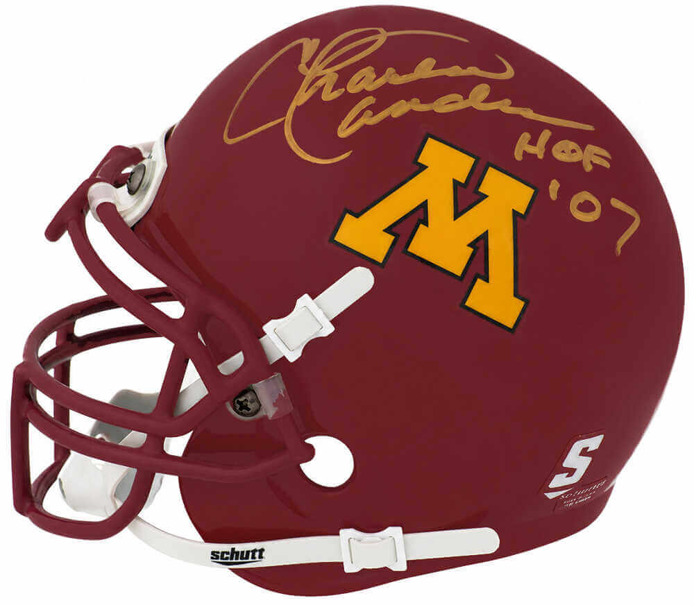 Charlie Sanders Autographed Minnesta Golden Gophers Schutt Mini Helmet with HOF'07-Powers Sports Memorabilia