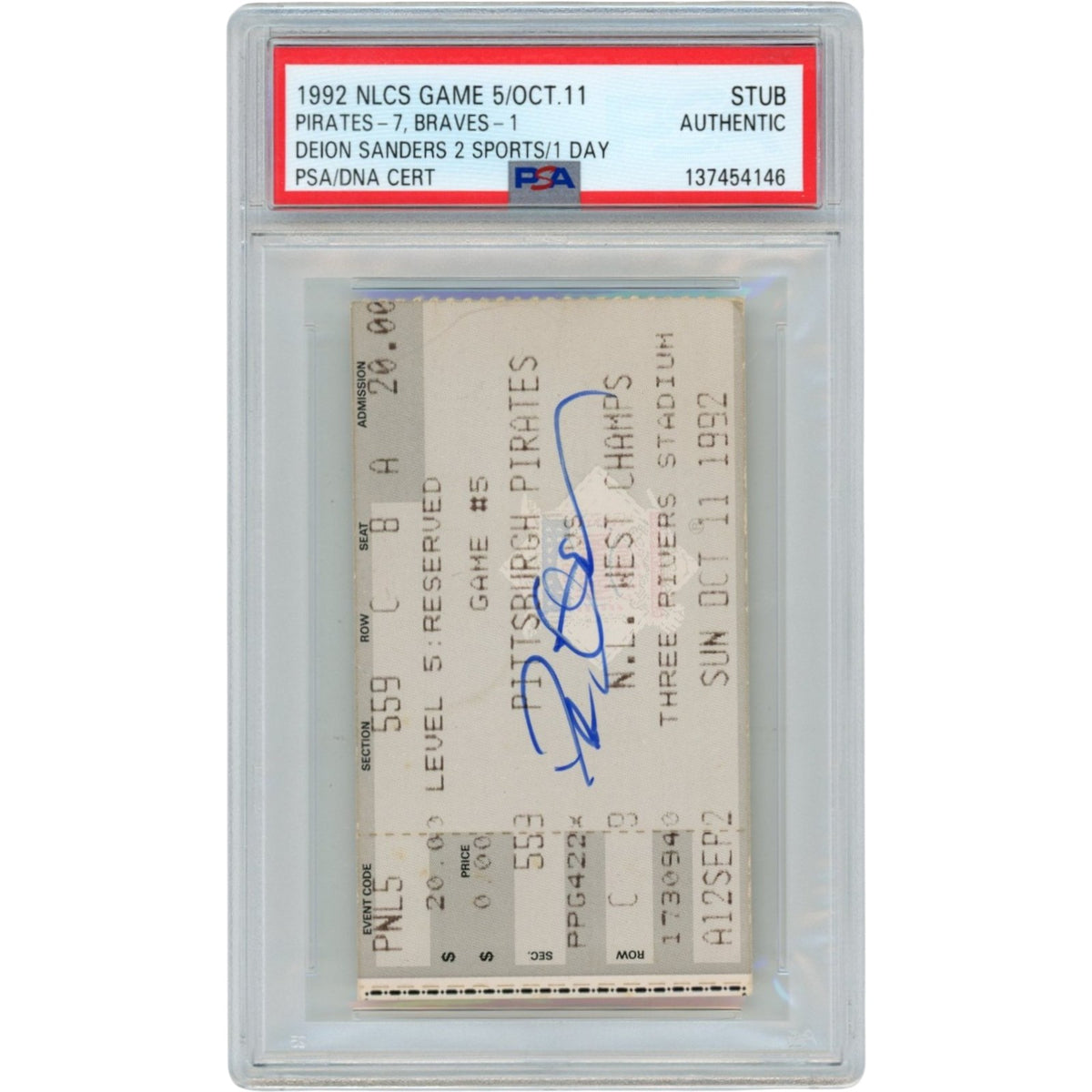 Deion Sanders Atlanta Falcons Signed Card - Atlanta Braves 92 NLCS Gm 5 Ticket PSA Slab Beckett-Powers Sports Memorabilia