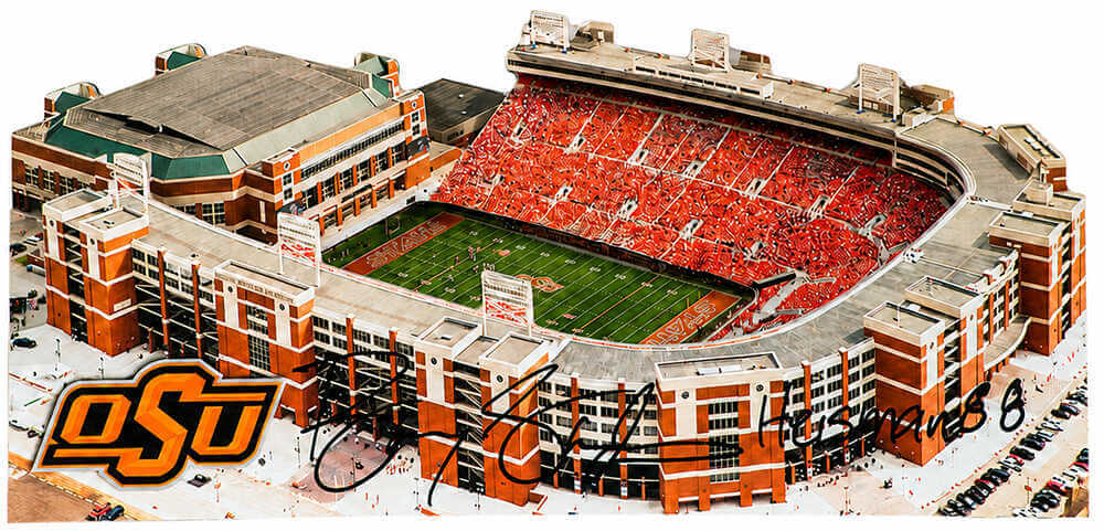 Barry Sanders Autographed Oklahoma State Boone Pickens Stadium 13 Inch Layered Wood Replica Stadium with Heisman'88-Powers Sports Memorabilia