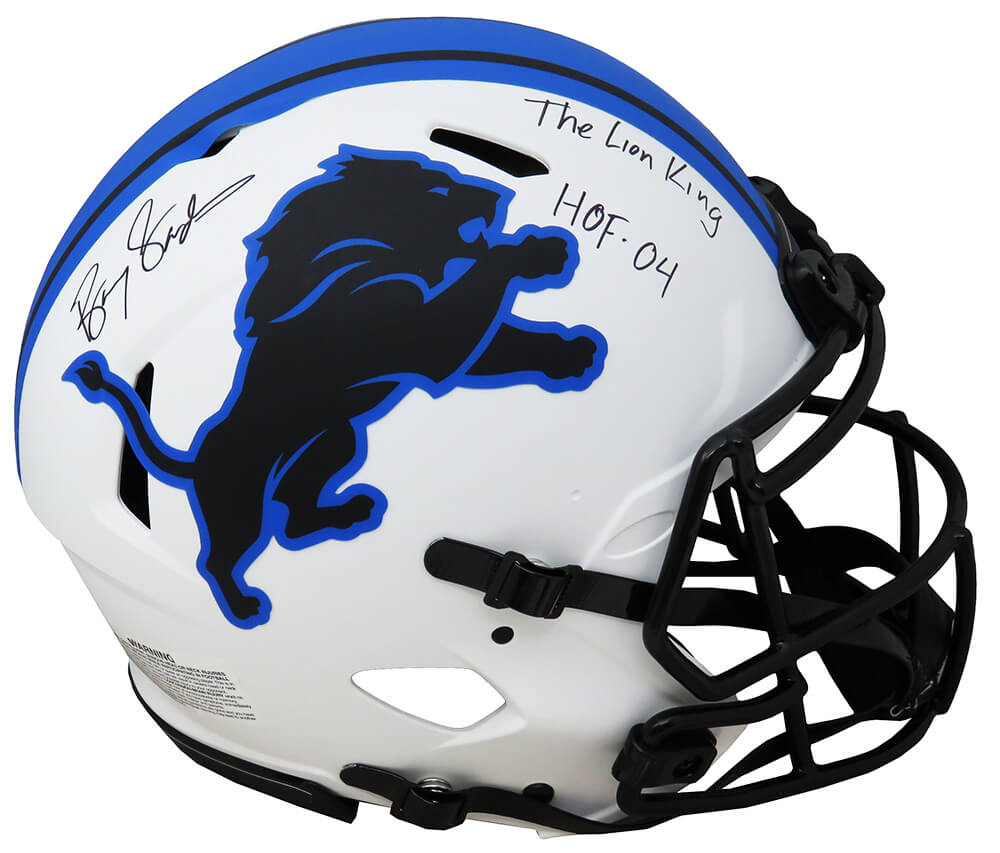 Barry Sanders Autographed Detroit Lions Lunar Eclipse White Matte Riddell Speed Full Size Helmet with HOF 04, The Lion King-Powers Sports Memorabilia