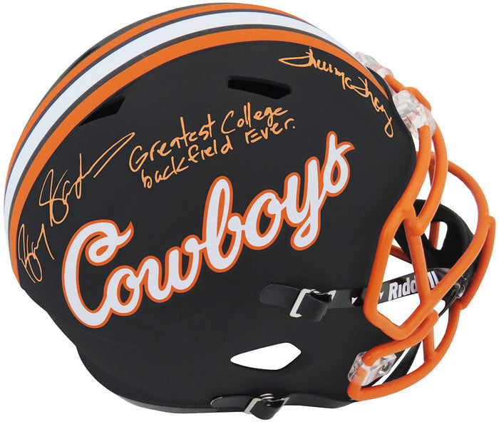 Barry Sanders & Thurman Thomas Autographed Oklahoma State Black Riddell F/S Replica Helmet with Greatest College Back Field Ever-Powers Sports Memorabilia