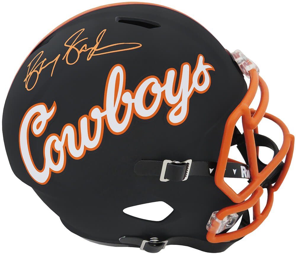 Barry Sanders Autographed Oklahoma State Black Riddell Full Size Replica Helmet-Powers Sports Memorabilia
