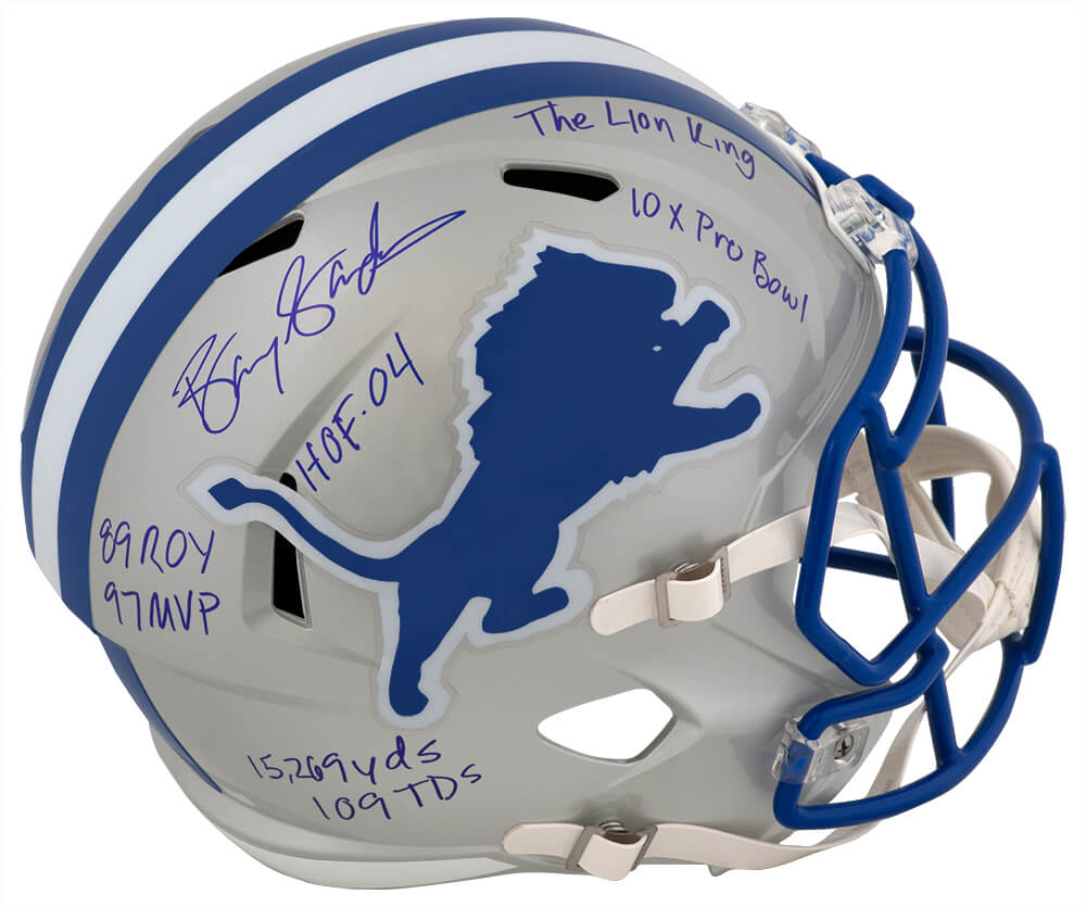 Barry Sanders Autographed Detroit Lions Throwback Riddell Full Size Speed Replica Helmet with 7 INSCRIPTIONS-Powers Sports Memorabilia