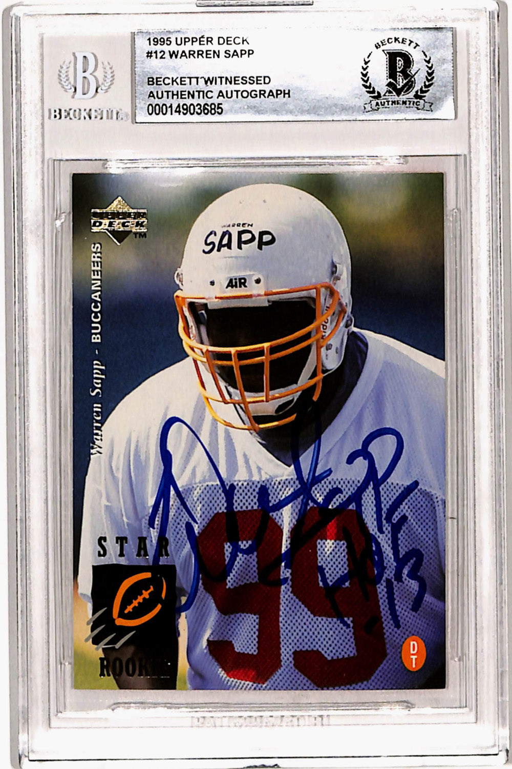 Warren Sapp 1995 Upper Deck #12 Rookie Signed Card-Powers Sports Memorabilia