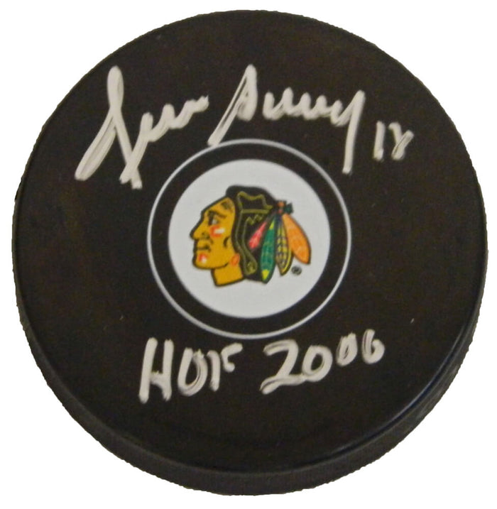Denis Savard Autographed Chicago Blackhawks Logo Hockey Puck with HOF 2000-Powers Sports Memorabilia