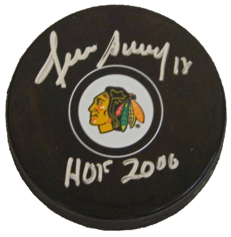 Denis Savard Autographed Chicago Blackhawks Logo Hockey Puck with HOF 2000-Powers Sports Memorabilia
