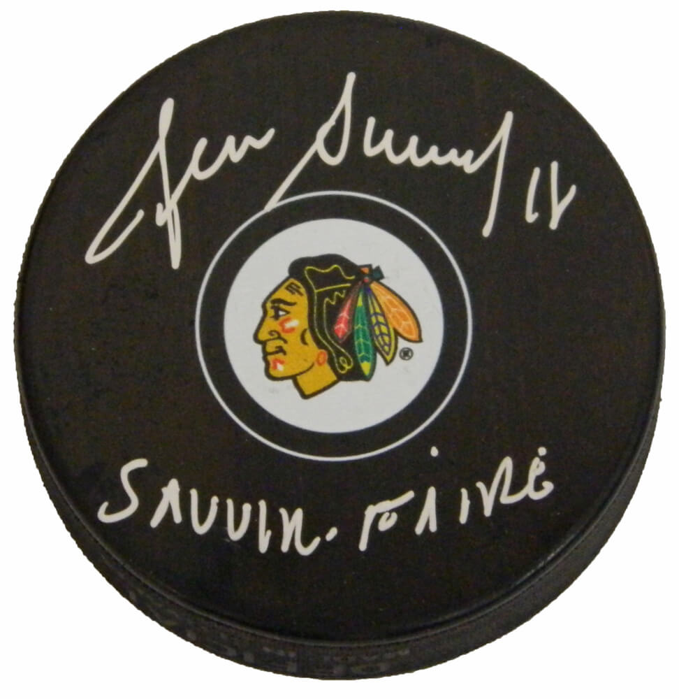 Denis Savard Autographed Chicago Blackhawks Logo Hockey Puck with Savoir Faire-Powers Sports Memorabilia