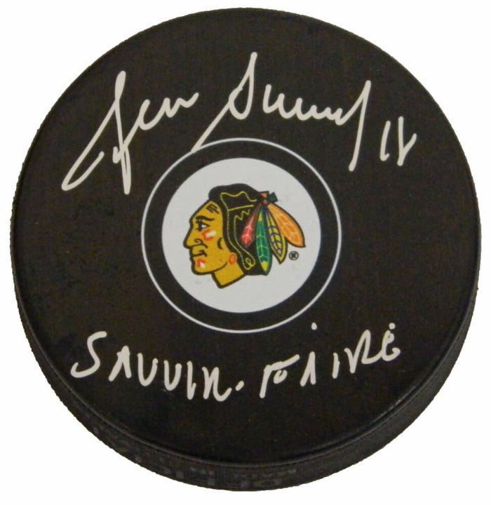 Denis Savard Autographed Chicago Blackhawks Logo Hockey Puck with Savoir Faire-Powers Sports Memorabilia