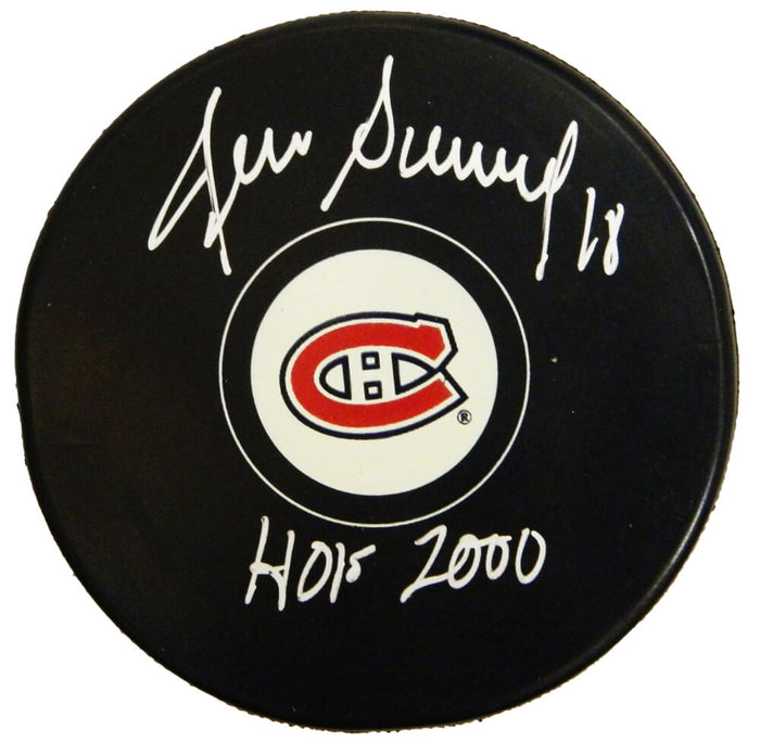 Denis Savard Autographed Montreal Canadiens Team Logo Hockey Puck with HOF 2000-Powers Sports Memorabilia