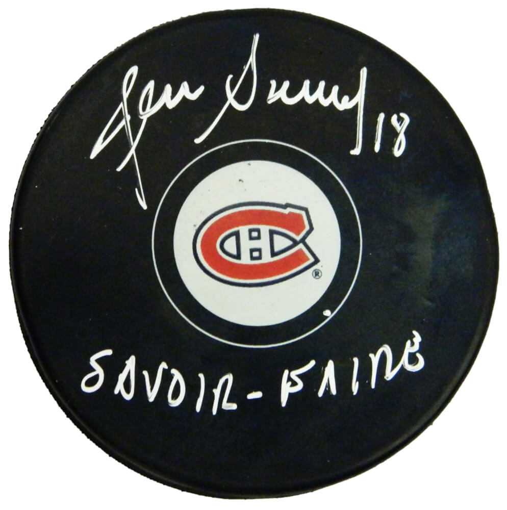 Denis Savard Montreal Canadiens Autographed Logo Hockey Puck w/ Savoir Faire-Powers Sports Memorabilia