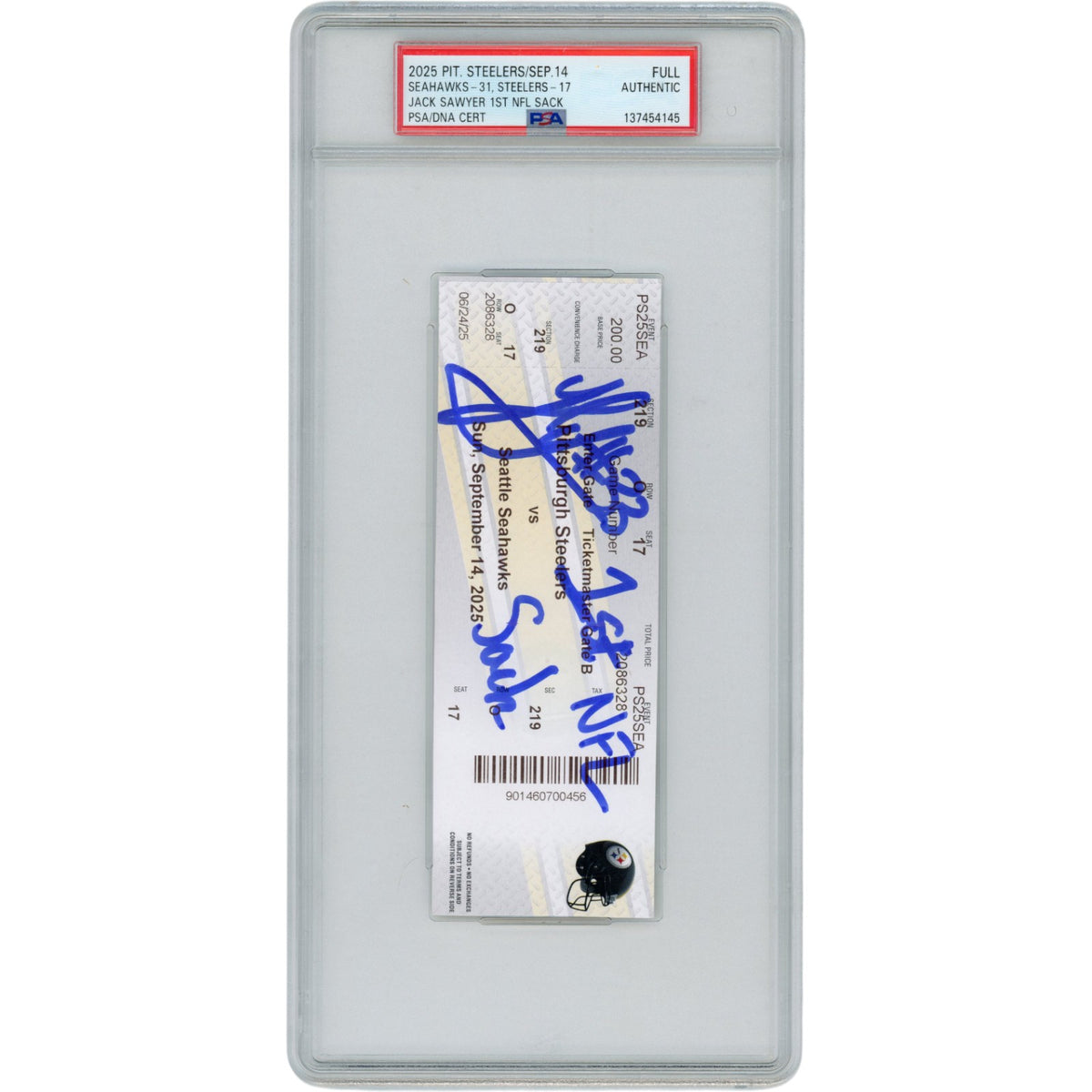 Jack Sawyer Pittsburgh Steelers Signed Mini Helmet - 1st NFL Sack Ticket PSA Slab Beckett-Powers Sports Memorabilia