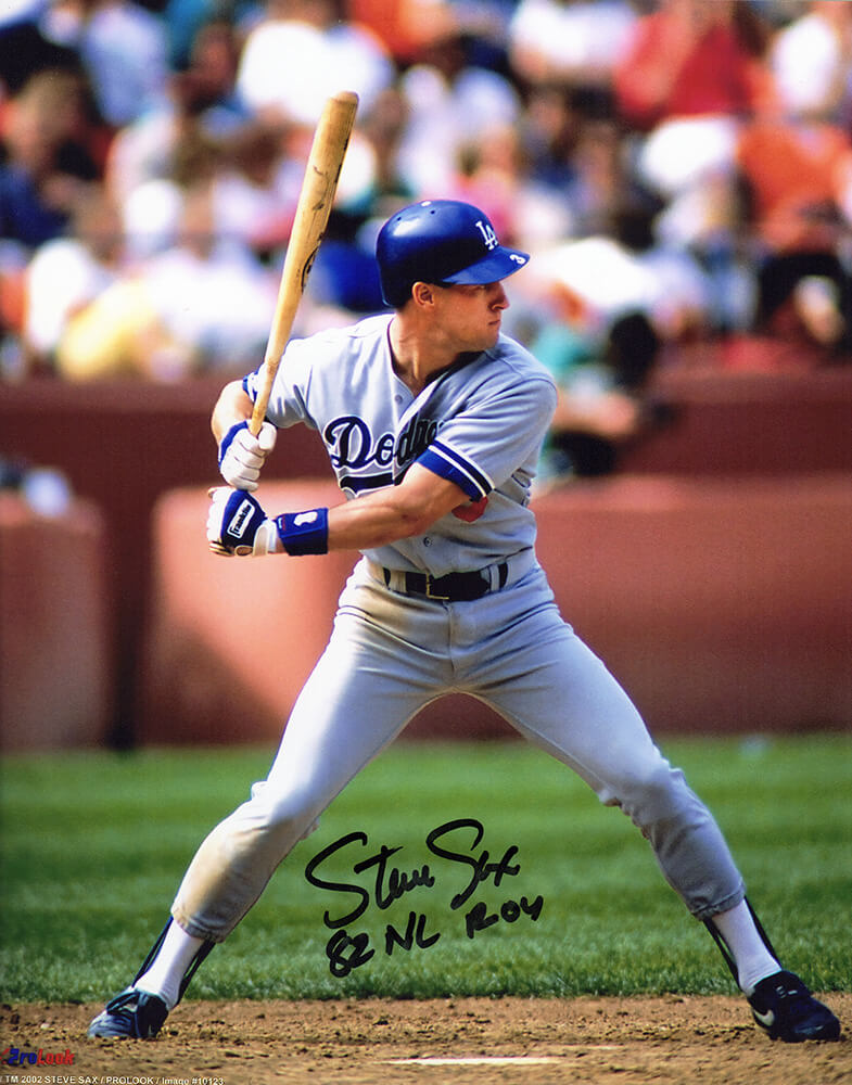 Steve Sax Autographed Los Angeles Dodgers Batting Action 8x10 Photo with 82 NL ROY-Powers Sports Memorabilia