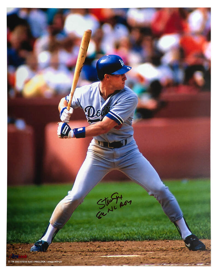 Steve Sax Autographed Los Angeles Dodgers Batting Action 16x20 Photo with 82 NL ROY-Powers Sports Memorabilia