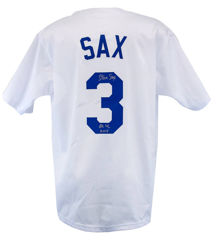 Steve Sax Autographed White Custom Baseball Jersey with 82 NL ROY-Powers Sports Memorabilia