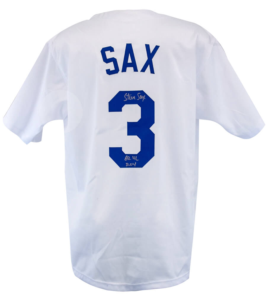 Steve Sax Autographed White Custom Baseball Jersey with 82 NL ROY-Powers Sports Memorabilia