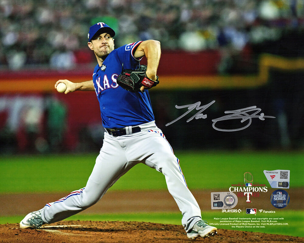 Max Scherzer Texas Rangers Autographed 2023 World Series Pitching 8x10