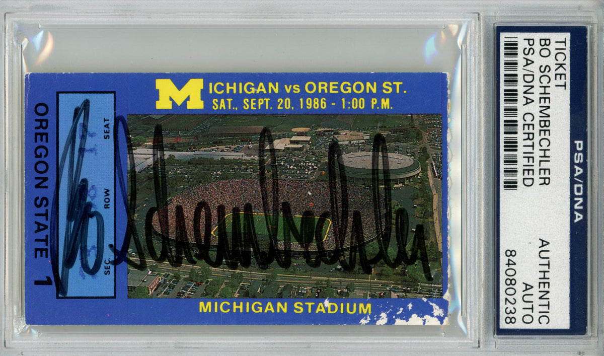 Bo Schembechler Michigan Wolverines Signed Card - 9/20/1986 Michigan Ticket Stub vs Oregon St PSA PSA-Powers Sports Memorabilia