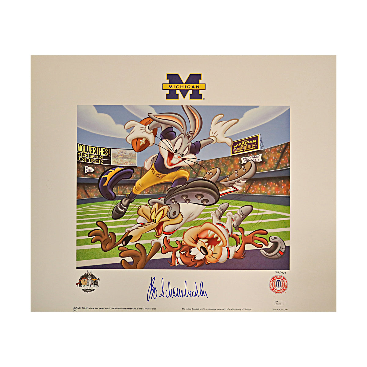 Bo Schembechler Michigan Wolverines Signed 19x22.5 Bo Knows Bugs Litho 126/1000 (JSA Holo)