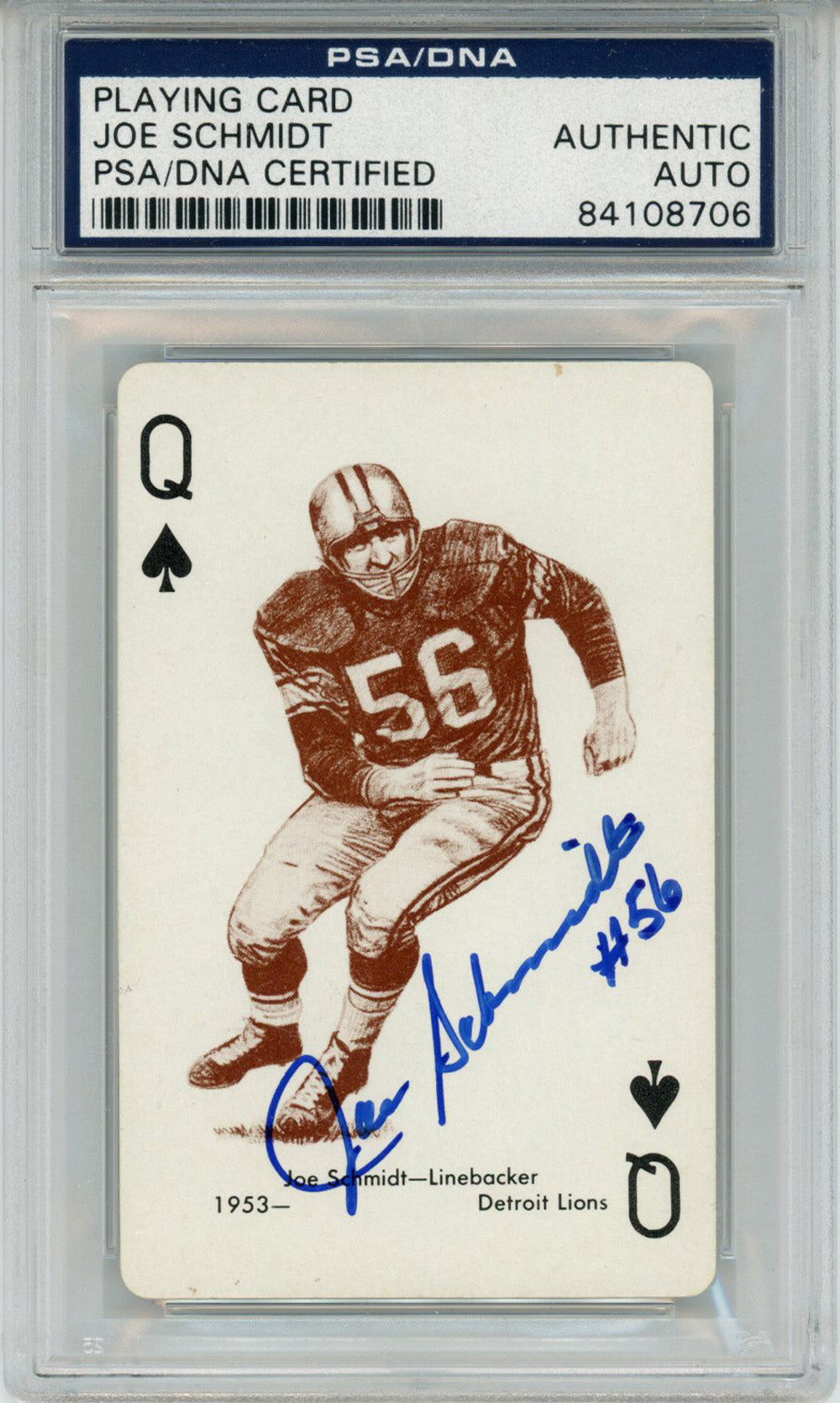 Joe Schmidt Detroit Lions Signed Card - 1963 Stancraft Queen of Spades PSA Slab PSA-Powers Sports Memorabilia