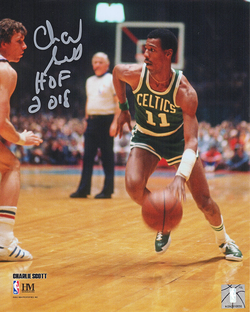 Charlie Scott Boston Celtics Autographed Green Jersey Dribbling 8x10 Photo-Powers Sports Memorabilia