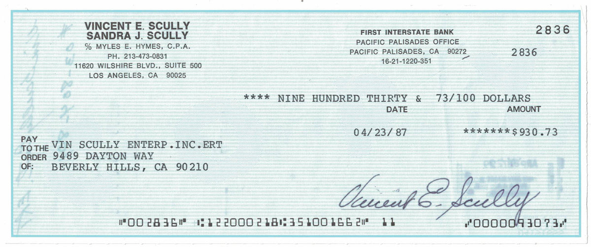 Vin Scully Los Angeles Dodgers Signed Mini Helmet - 4/23/1987 First Interstate Bank Check-Powers Sports Memorabilia