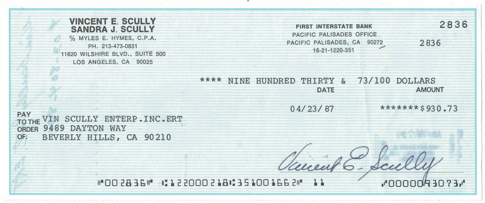 Vin Scully Los Angeles Dodgers Signed Mini Helmet - 4/23/1987 First Interstate Bank Check-Powers Sports Memorabilia