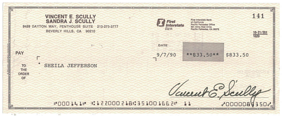 Vin Scully Los Angeles Dodgers Signed Mini Helmet - 9/7/1990 First Interstate Bank Check-Powers Sports Memorabilia
