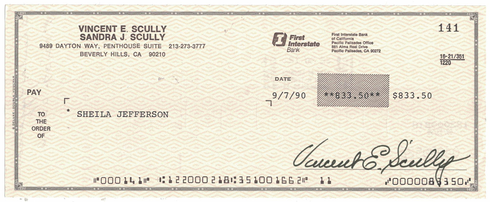 Vin Scully Los Angeles Dodgers Signed Mini Helmet - 9/7/1990 First Interstate Bank Check-Powers Sports Memorabilia
