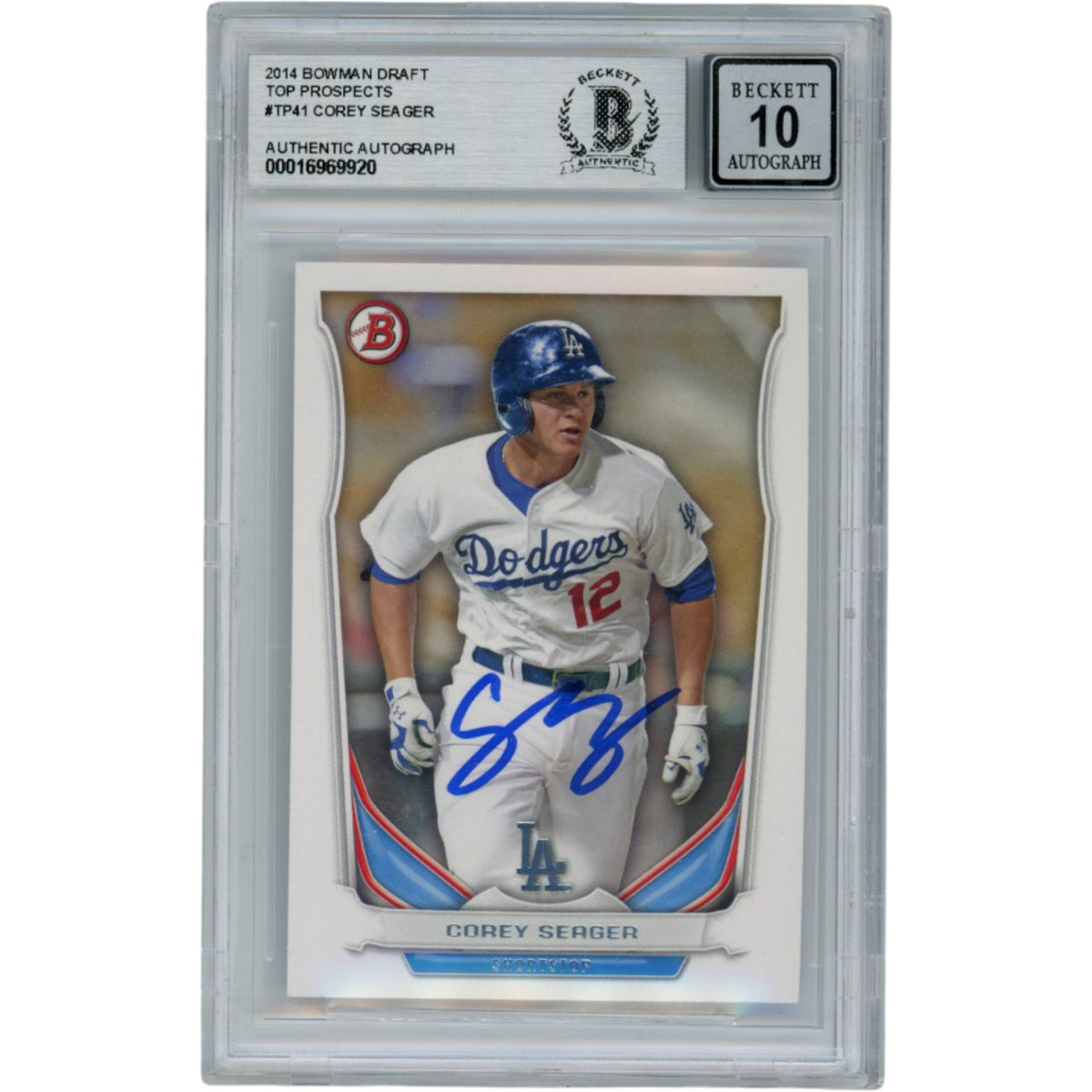 Corey Seager Los Angeles Dodgers Signed Card - 2014 Bowman Draft #TP41 Slabbed Beckett Beckett-Powers Sports Memorabilia