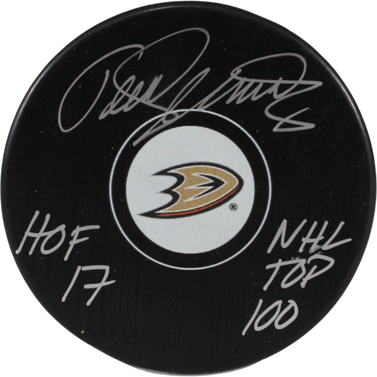 Teemu Selanne Anaheim Ducks Logo Signed Puck NHL Top 100 HOF-Powers Sports Memorabilia