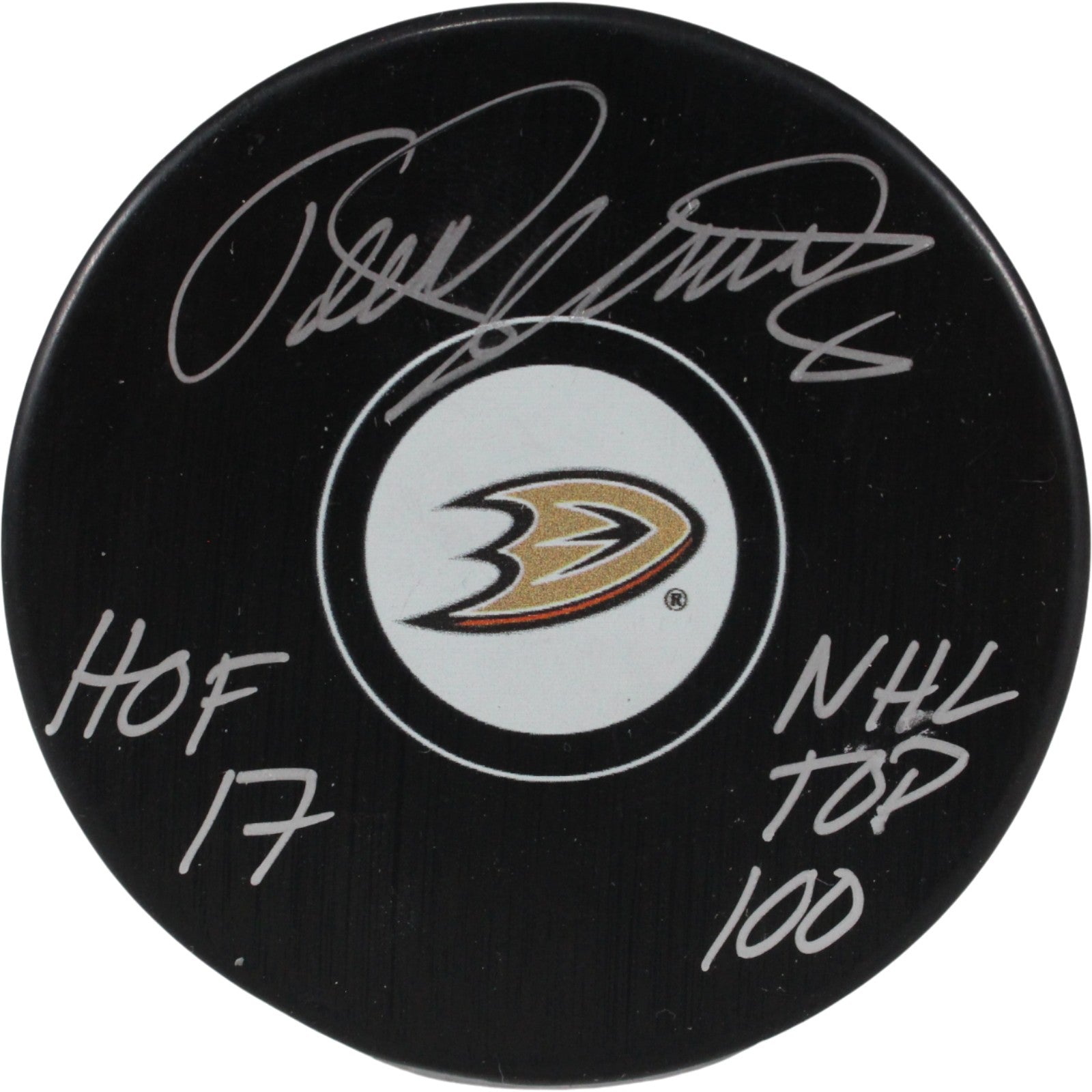 Teemu Selanne Anaheim Ducks Logo Signed Puck NHL Top 100 HOF-Powers Sports Memorabilia