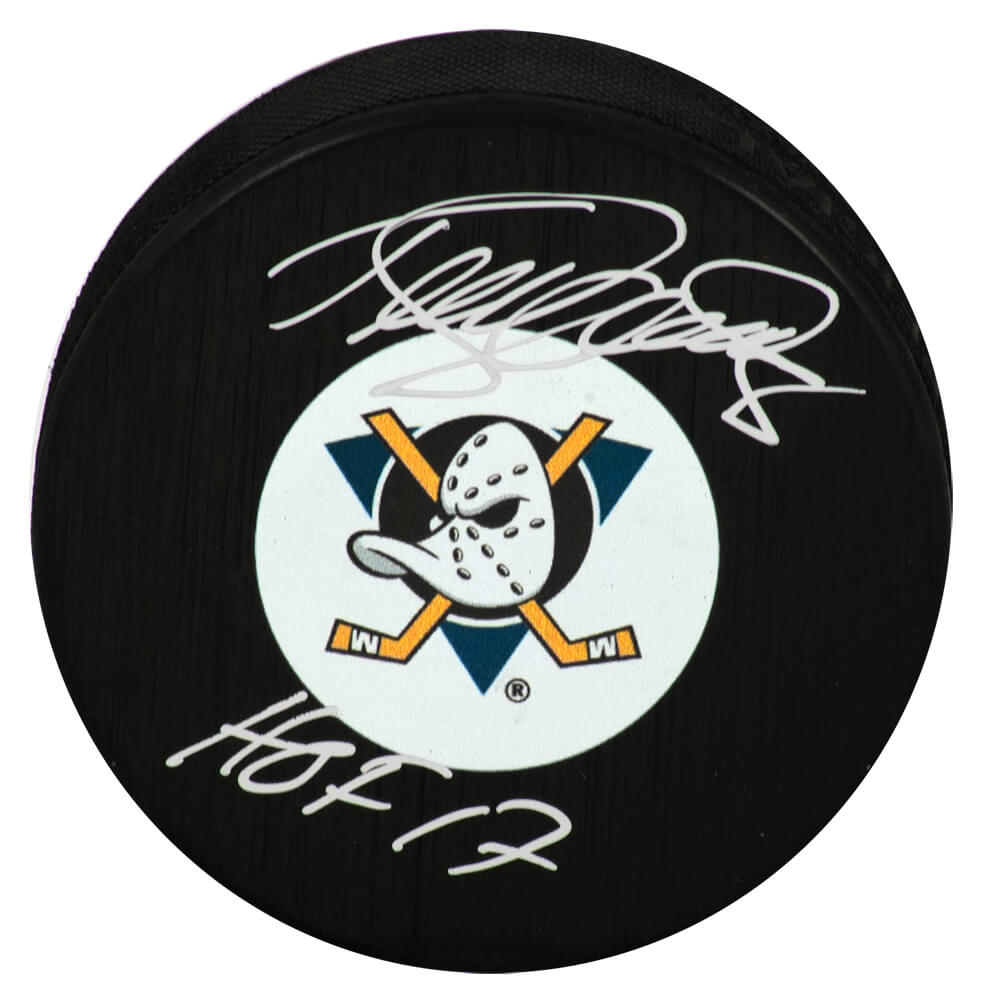 Teemu Selanne Anaheim Ducks Autographed (Medium) Logo Hockey Puck w/ HOF 17-Powers Sports Memorabilia