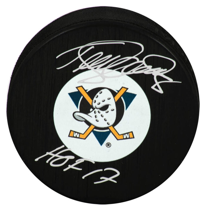 Teemu Selanne Anaheim Ducks Autographed (Medium) Logo Hockey Puck w/ HOF 17-Powers Sports Memorabilia