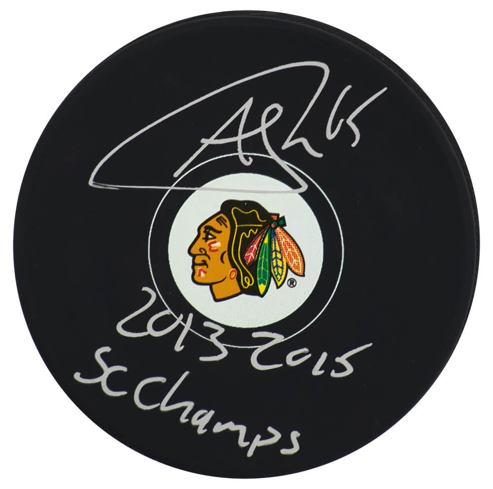 Andrew Shaw Autographed Chicago Blackhawks Logo Hockey Puck with 2013, 2015 SC Champs-Powers Sports Memorabilia