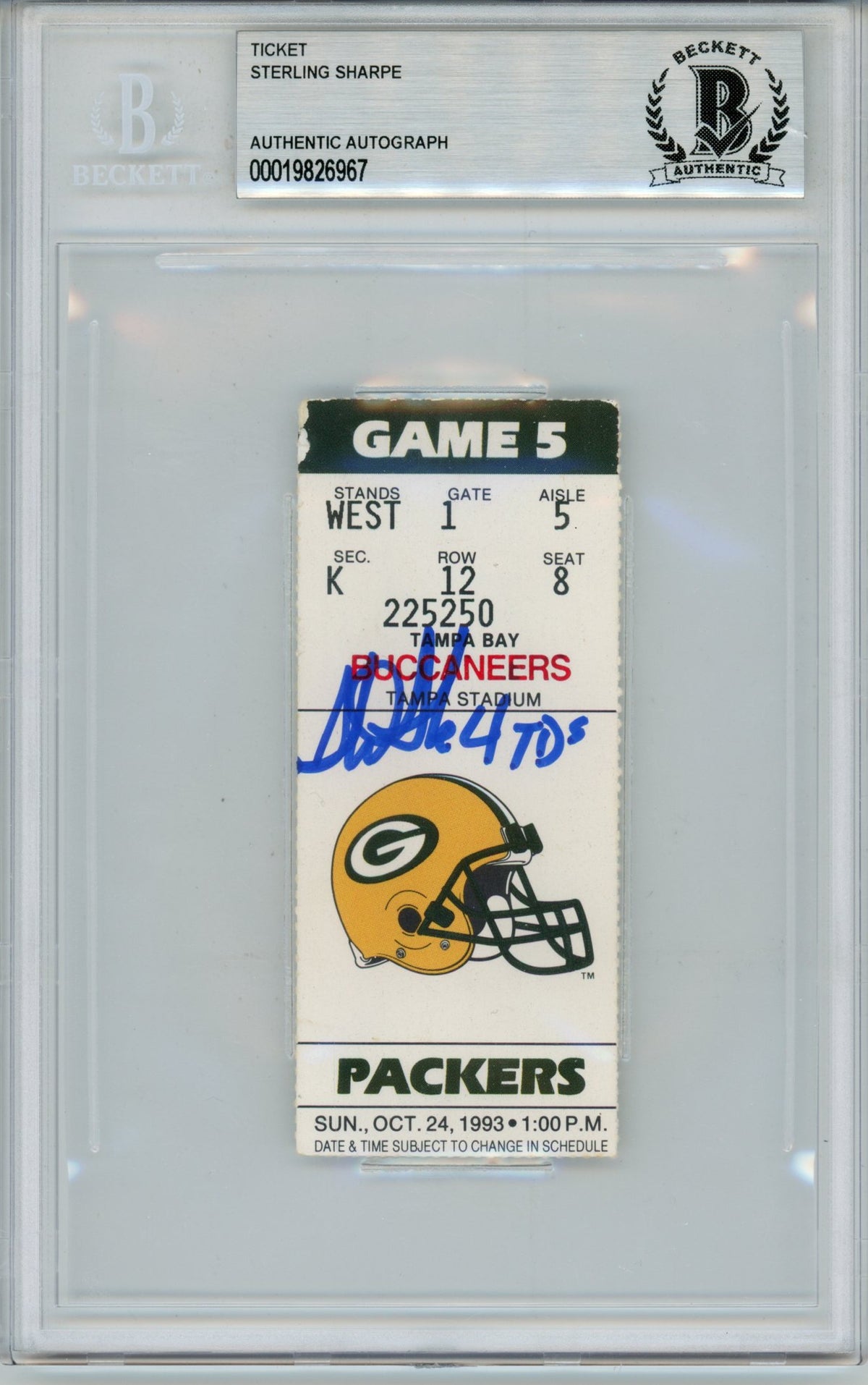 Sterling Sharpe Green Bay Packers Signed Card - Ticket 10/24/93 4 TD Slab Beckett Beckett-Powers Sports Memorabilia