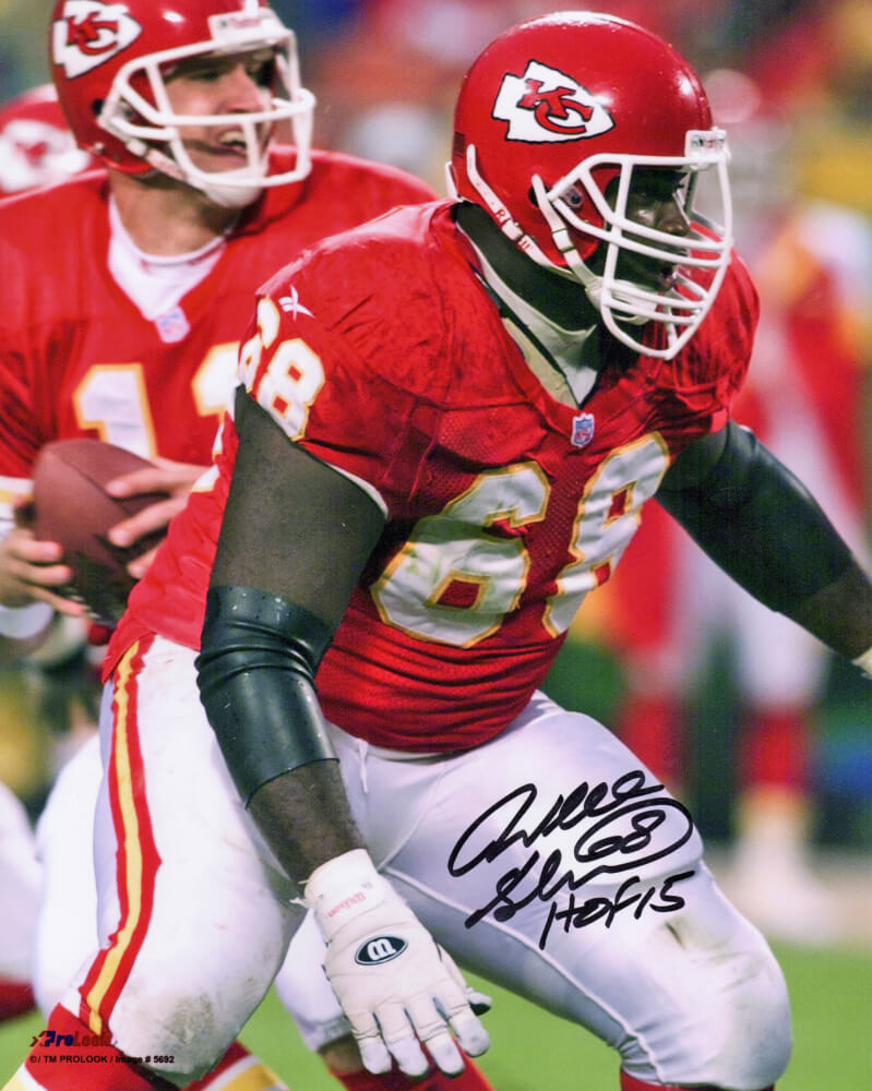 Will Shields Autographed Kansas City Chiefs Red Jersey Action 8x10 Photo with HOF 15-Powers Sports Memorabilia