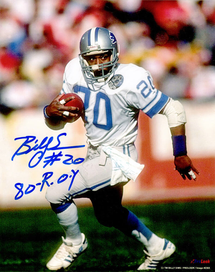 Billy Sims Autographed Detroit Lions White Jersey Running 8x10 Photo with 80 ROY-Powers Sports Memorabilia