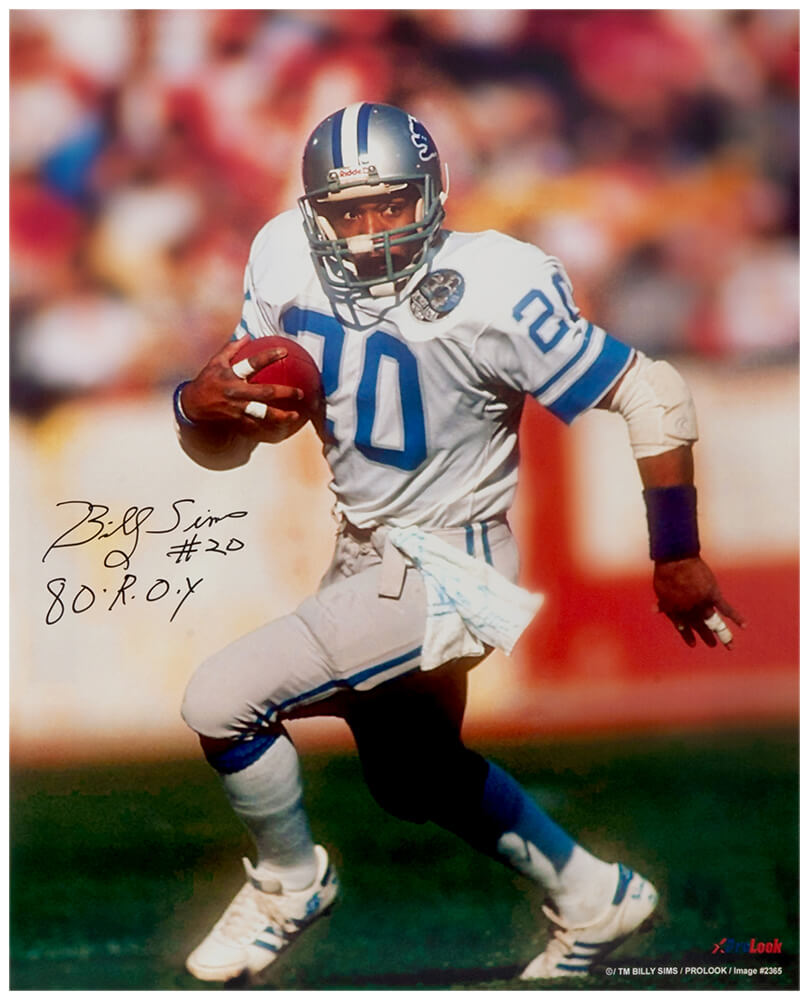 Billy Sims Detroit Lions Autographed White Jersey Running 16x20 Photo-Powers Sports Memorabilia