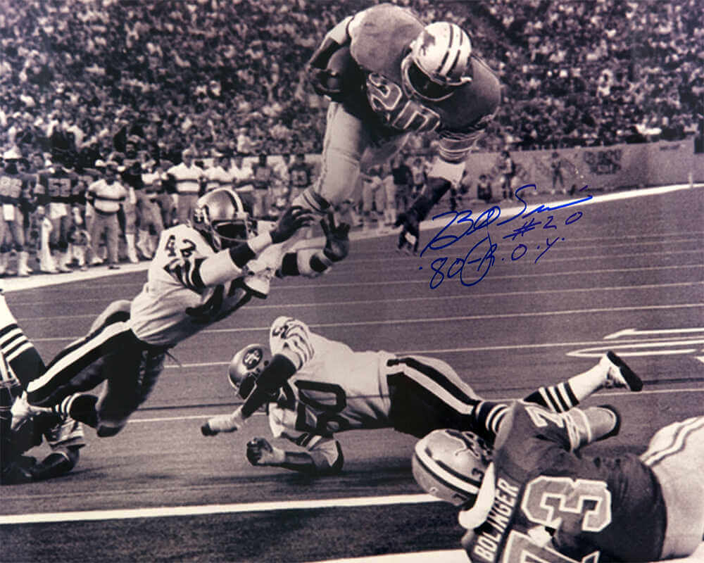 Billy Sims Autographed Detroit Lions B&W Action 16x20 Photo with 80 ROY-Powers Sports Memorabilia