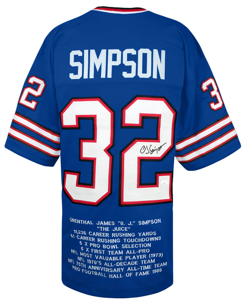 O.J. Simpson Autographed Blue Throwback Embroidered Stat Custom Football Jersey - (JSA COA)-Powers Sports Memorabilia